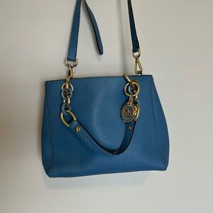 Michael Kors Saffiano Leather Blue Crossbody Purse with gold hardware